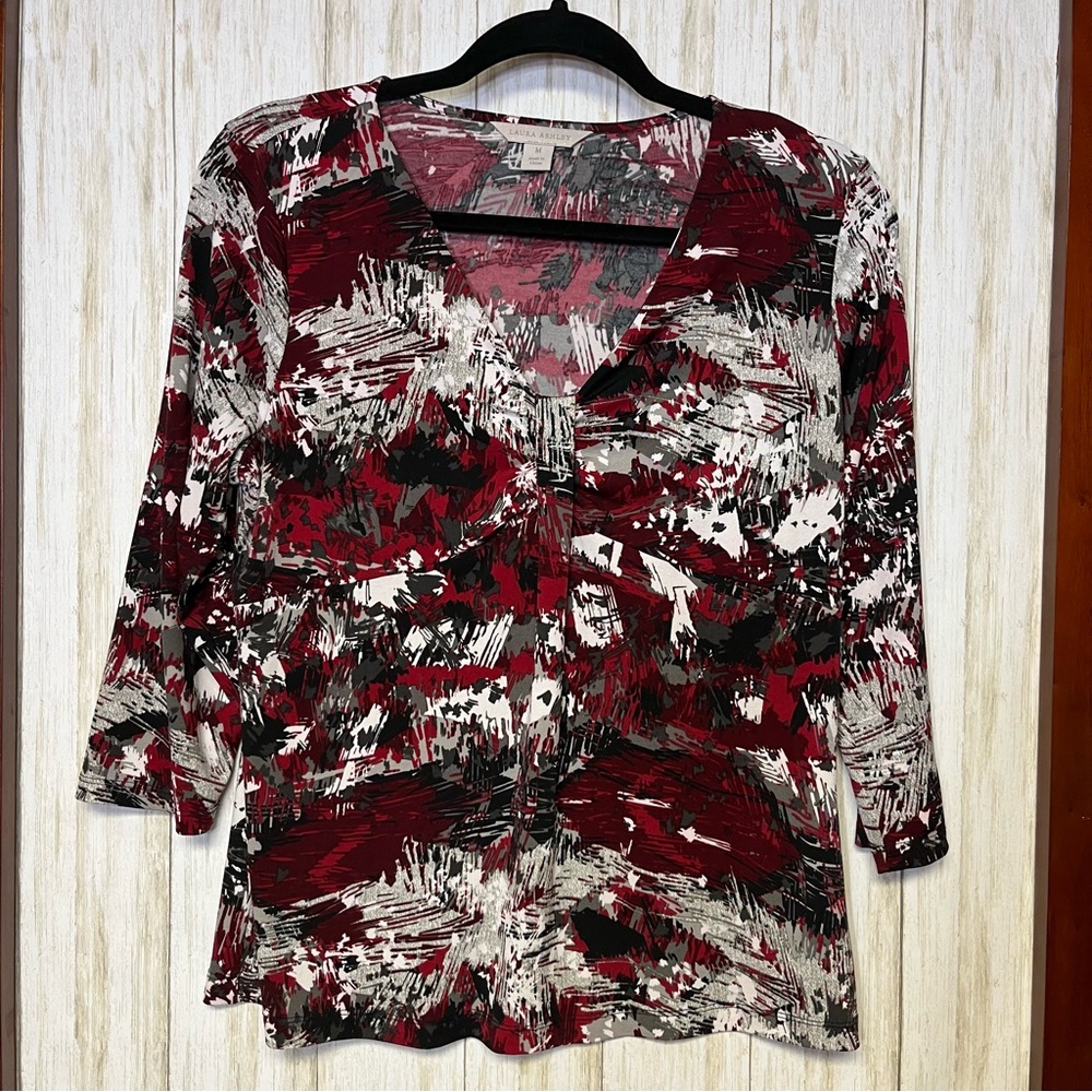 Laura Ashley Red/Black/Grey/White Top with Abstract Design 3/4 sleeves size M